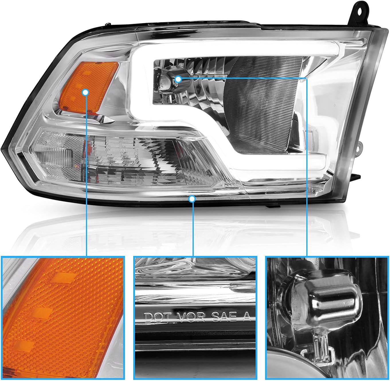 AmeriLite for 2009-2018 Dodge Ram 1500 2500 3500 Pickup LED Bar Replacement Chrome Headlights Set - Driver and Passenger Side