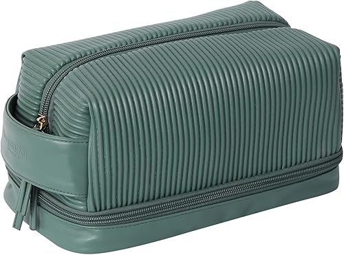 Bolsa de maquillaje, bolsa de viaje grande de doble capa impermeable con asa y compartimento para cepillos para mujeres, Verde, Color puro