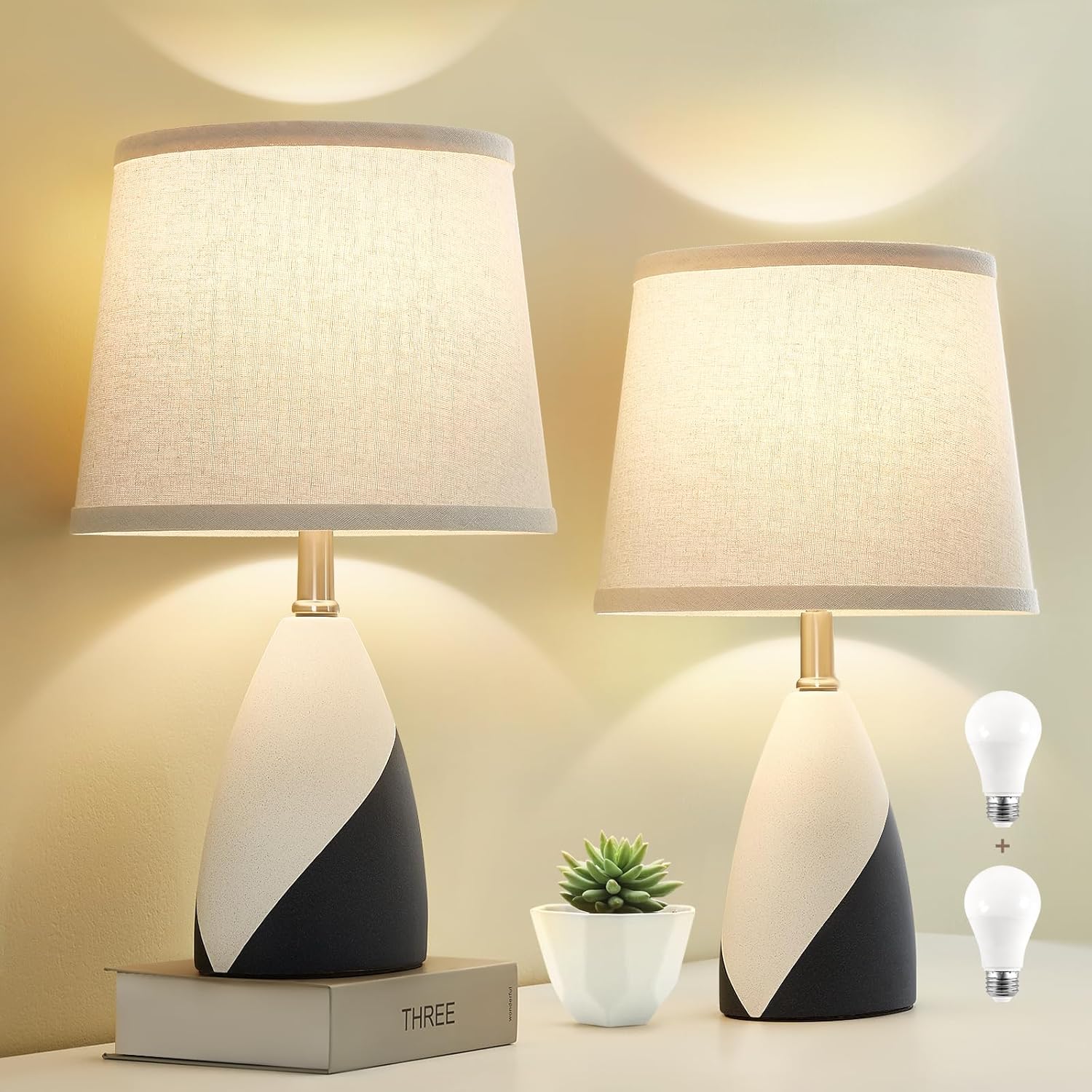 Luvkczc Ceramic Table Lamps Set of 2 Black and White, Bedside Lamps