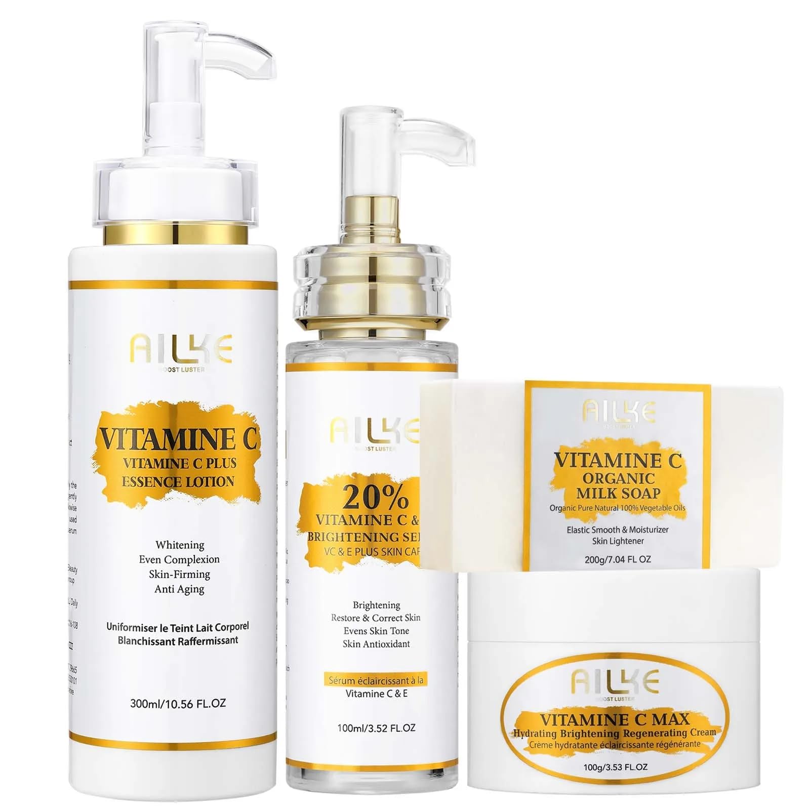 AILKE - Set schiarente 4 in 1 con vitamina C, schiarente, riduce macchie scure, rughe, pelle liscia, anti-invecchiamento, con niacinamide, glicerina, idratante per la pelle, per uomini e donne