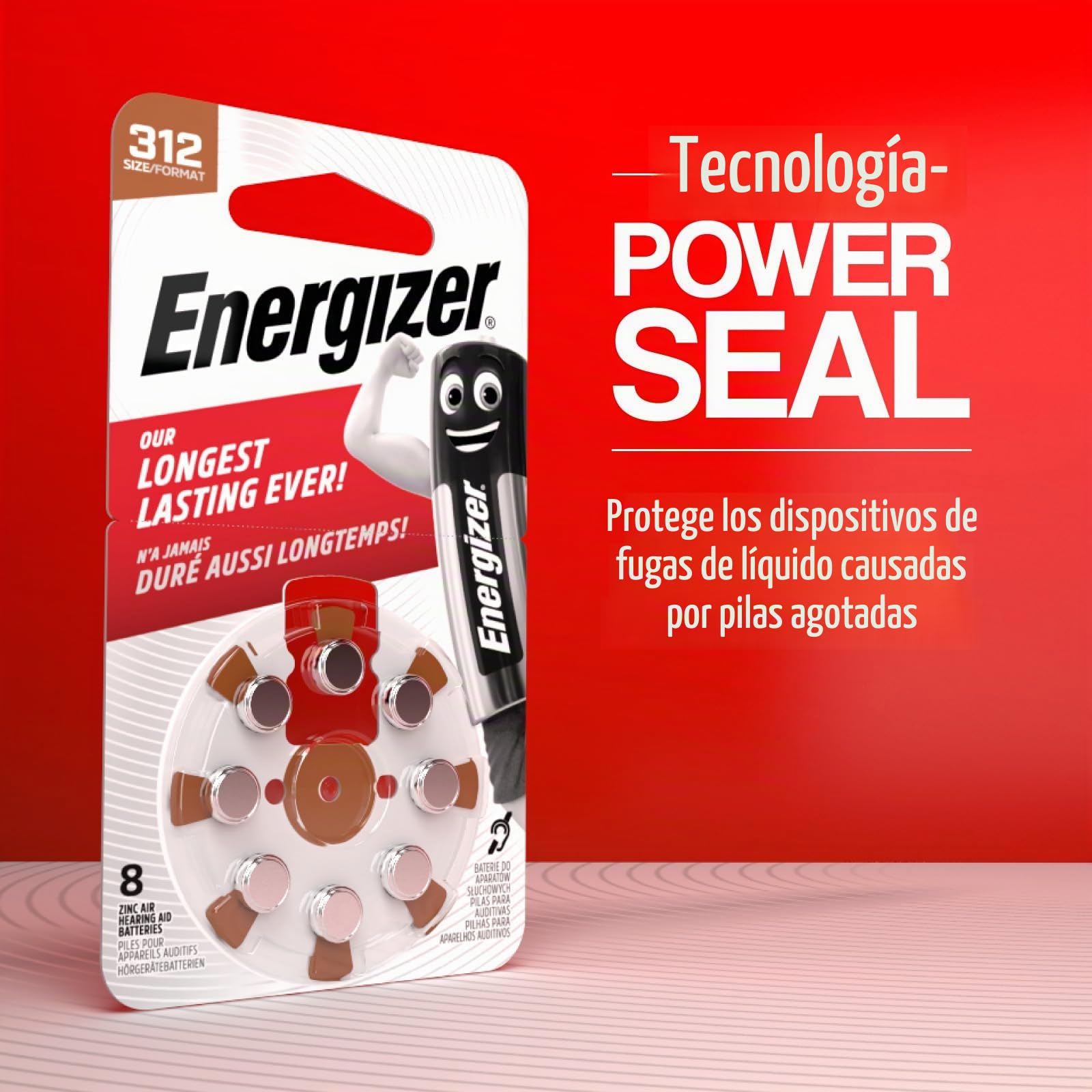 80 pilas acústicas Energizer para audífonos, tamaño 312, marrón sin mercurio, 10 paquetes de 8 pilas