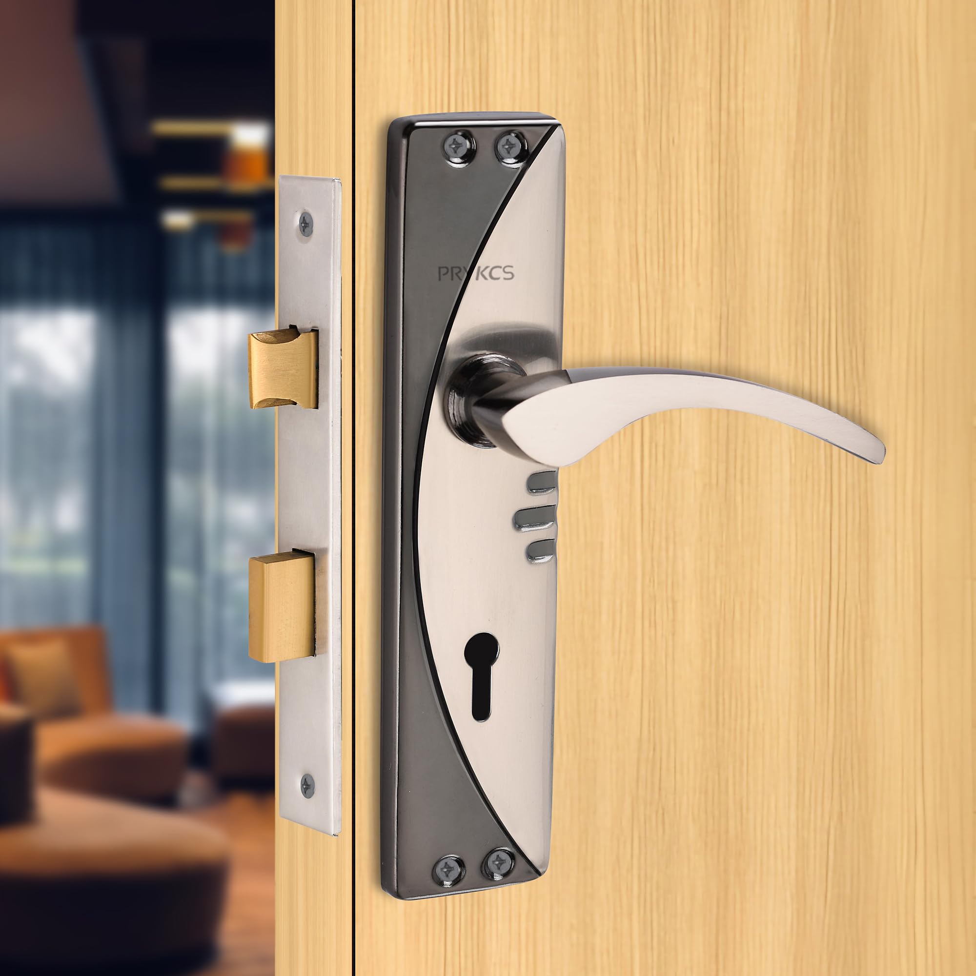 PRYKCS Trilo 7 Inch Black Silver Iron Mortice Handle Set with Single Turn 6 Lever Latch Lockset (2KEYS) | for Bathrooms, Bedrooms and Any Wooden Door_ Black Silver, Brass