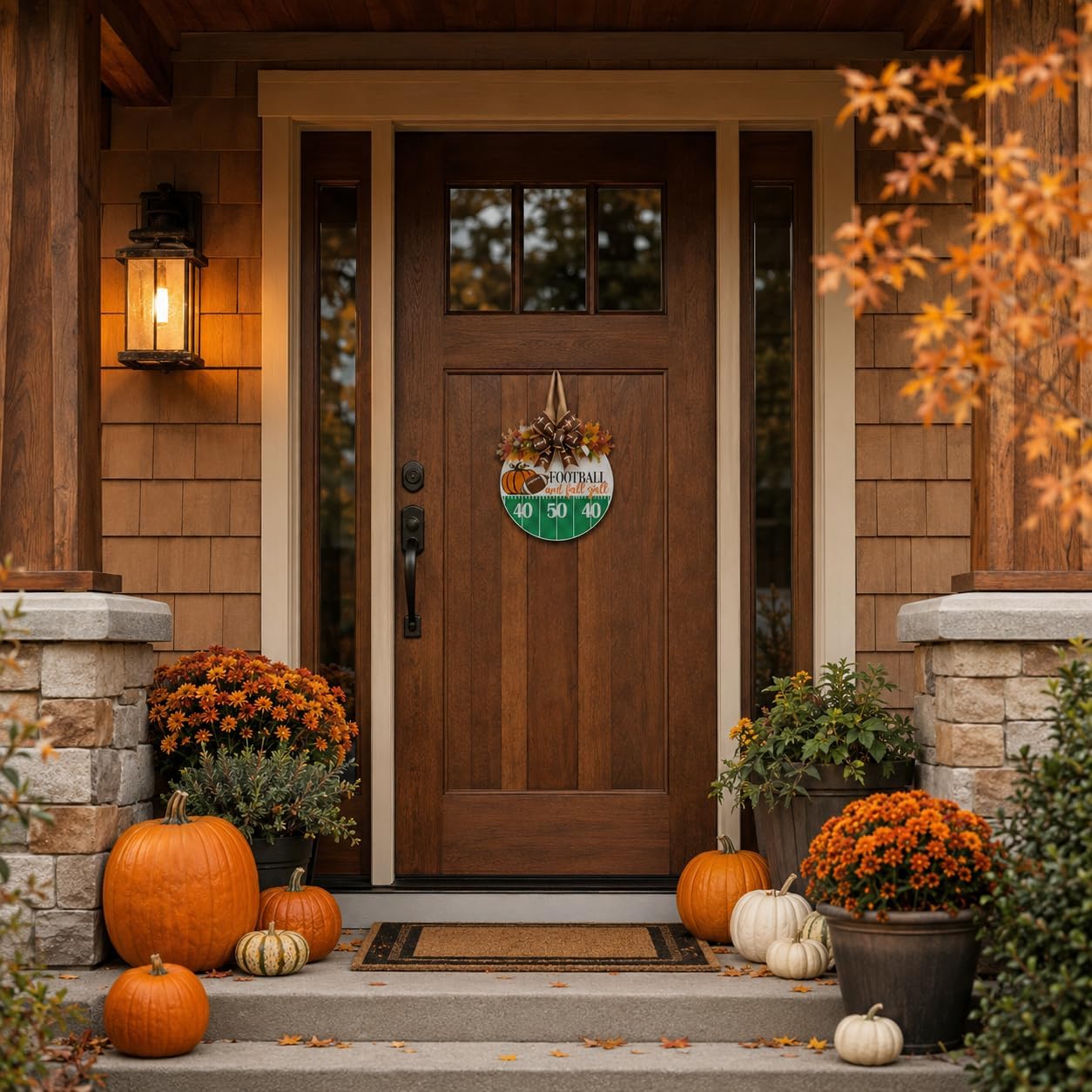 Fall Door Sign for Front Door, Round Wooden Football Door Hanger with Pumpkin Wreath Decor, Football Field Design, Fall Welcome Sign, Autumn Porch Decor, Thanksgiving Decorations for Home Outdoor