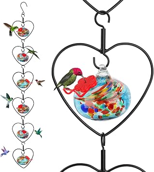 Hummingbird Feeder for Outdoors Hanging, Heart-Shaped, Hand Blown, Blue