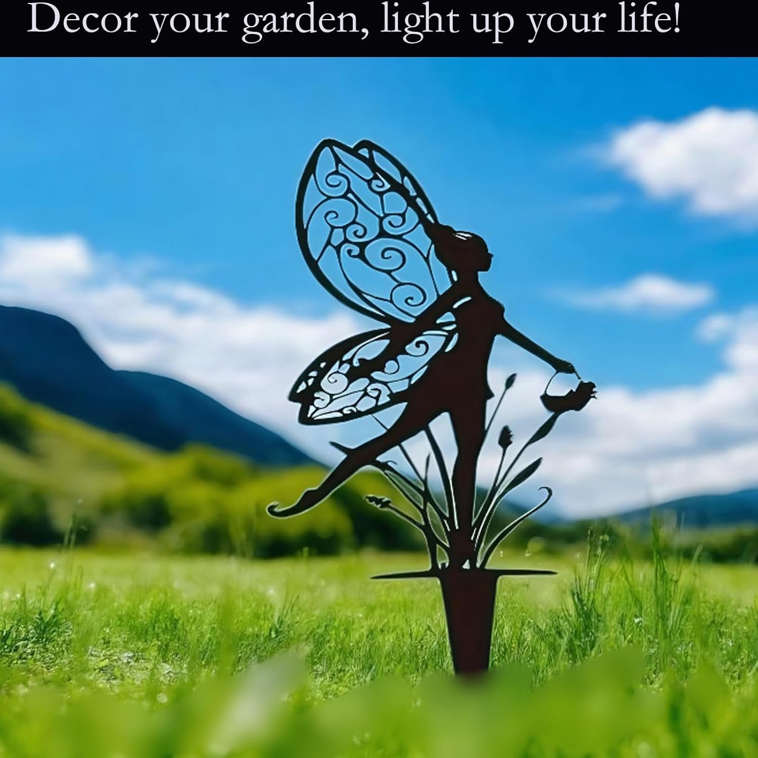Decorative Garden Stakes， Fairy Garden Stakes, Butterfly Fairy Stakes for Weather Resistant Black Metal Outdoor Decorative Art for Women Gift (Matte Black, 9P-A)