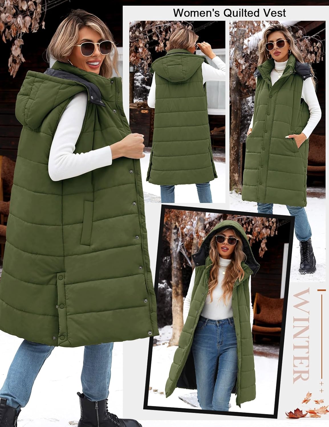 Women's Long Puffer Vest Sleeveless Jacket Fall Winter Zip Up Coat with Removable Hood Quilted Casual Warm Gilet - Image 3