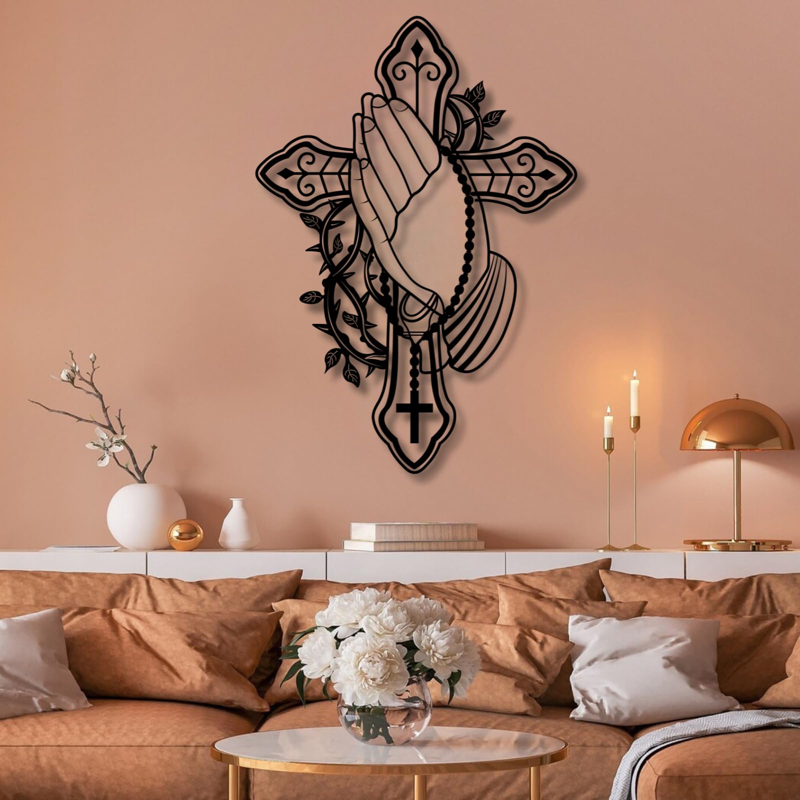 Grande Decorazione da Parete in Metallo Spesso, Decorazione da Parete in Metallo con Mano in Preghiera, Decorazione da Parete Cristiana, Decorazione da Parete con Croce, Decorazione Religiosa per SOG