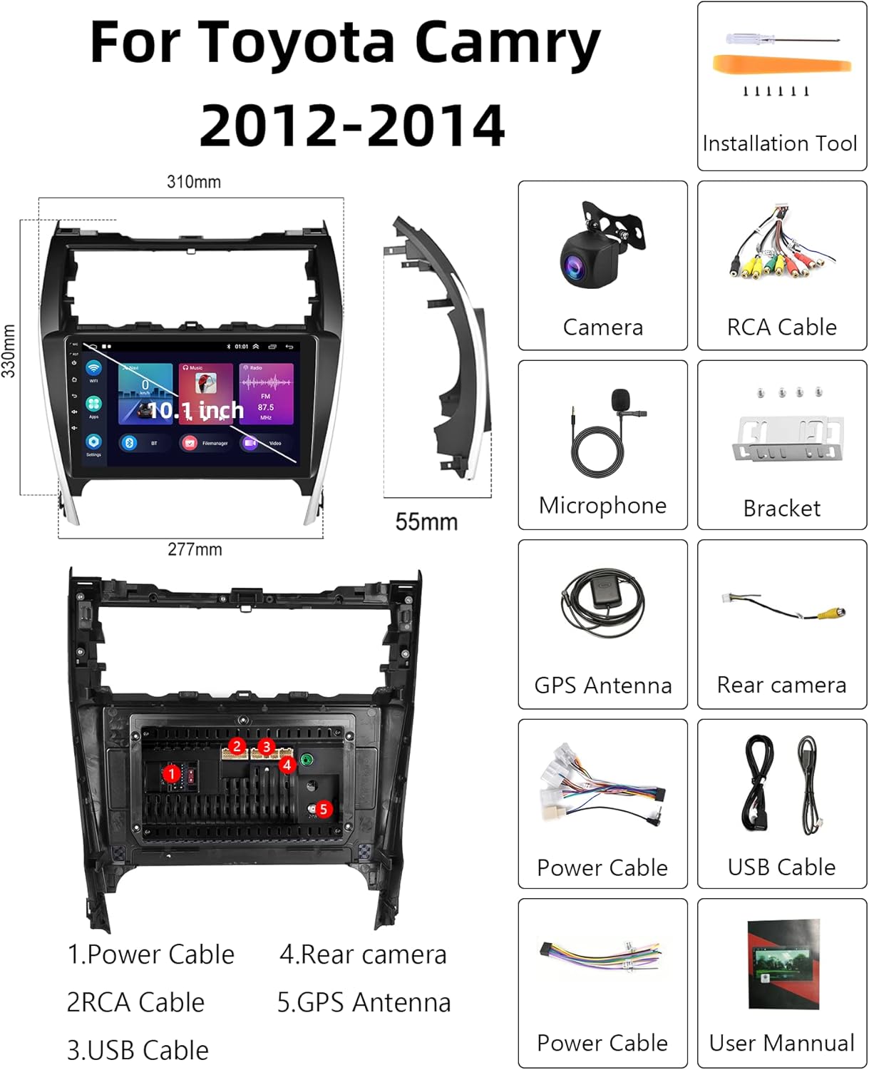 Diagram showing the dimensions of the car stereo and a list of included accessories.