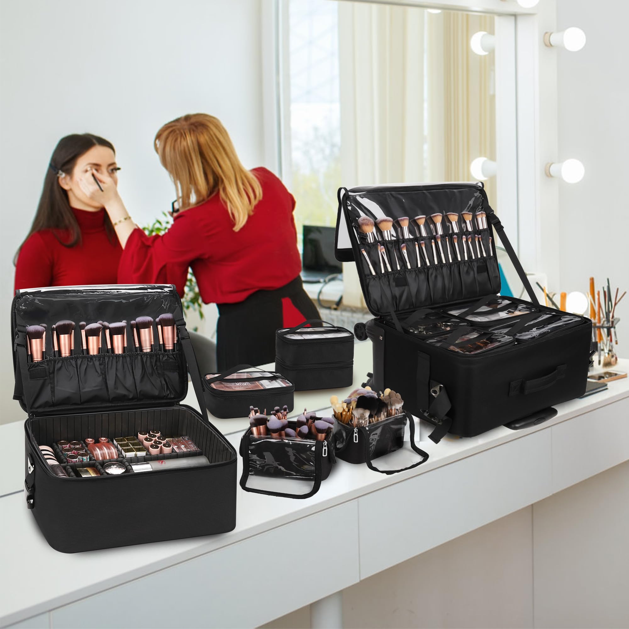 Valigetta cosmetica 4 in 1, trolley professionale per cosmetici, grande beauty case con ruote, valigetta da parrucchiere, multifunzione per trucchi e tatuaggi