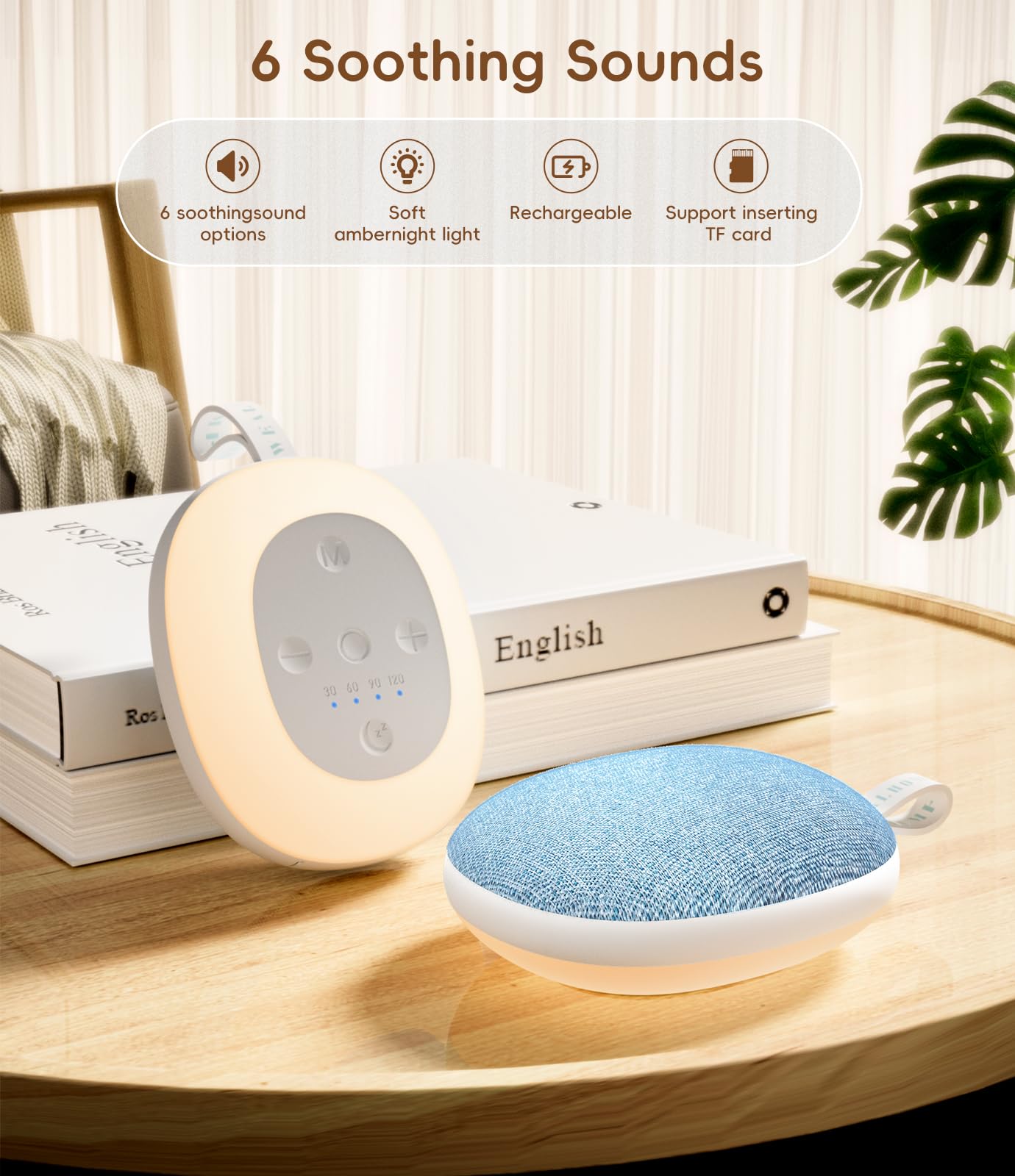 Macchina portatile a rumore bianco per adulti Baby & Travel - 6 suoni rilassanti, batteria a lunga durata da 1200 mAh, streaming musicale Bluetooth, luce notturna e dispositivo di aiuto per