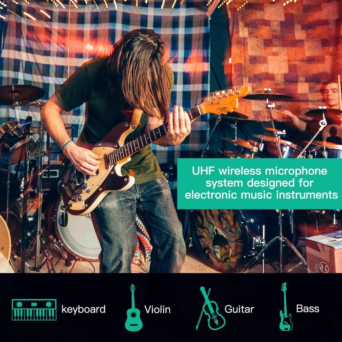 Wireless Guitar System, UHF 15 Channels Rechargeable Transmitter Receiver, 164ft Range with LED Screen, for Electric Bass Musical Instruments （Black）