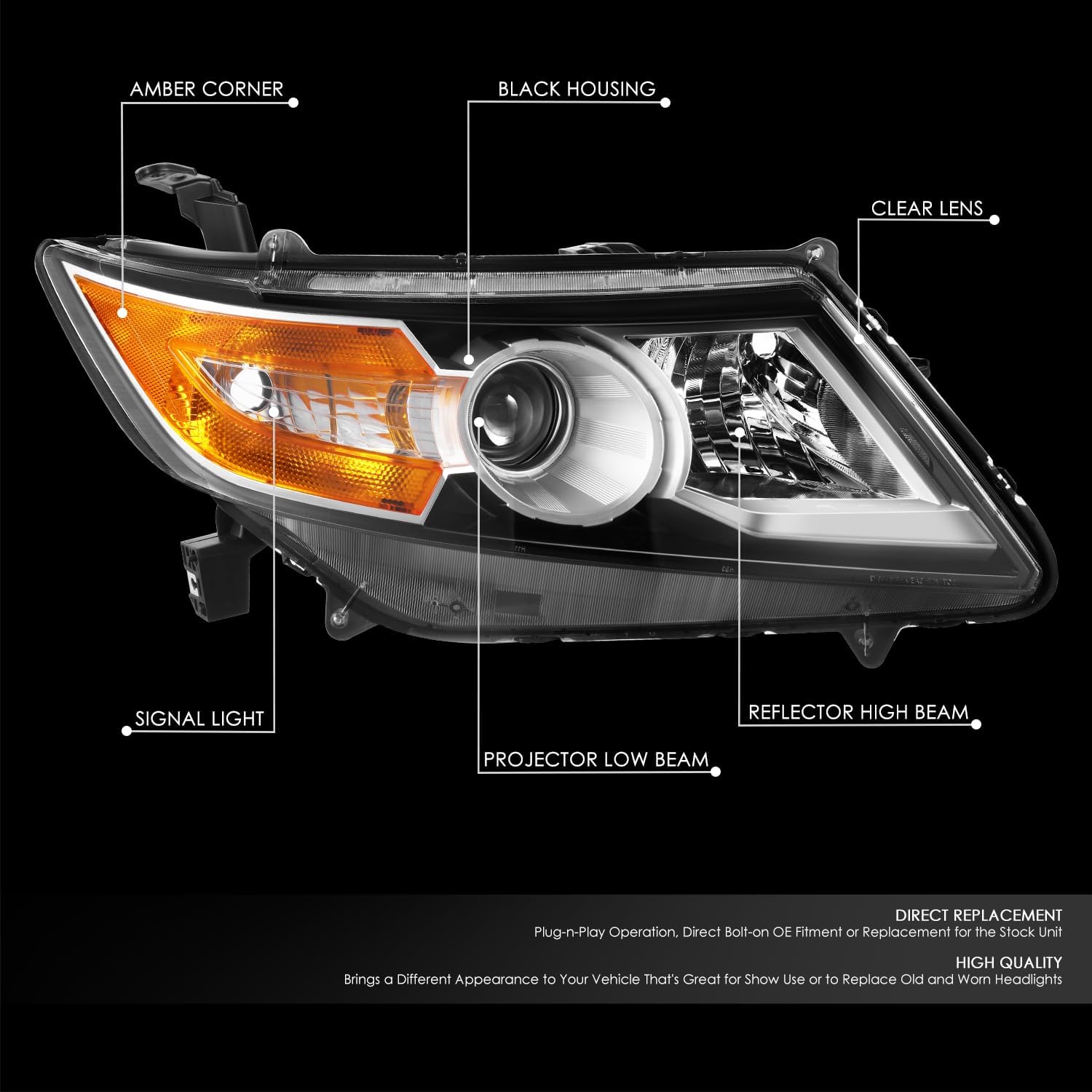 DNA MOTORING Right OE Style Projector Headlight Compatible with 2014-2017 Honda Odyssey, OEM-HL-0236-R