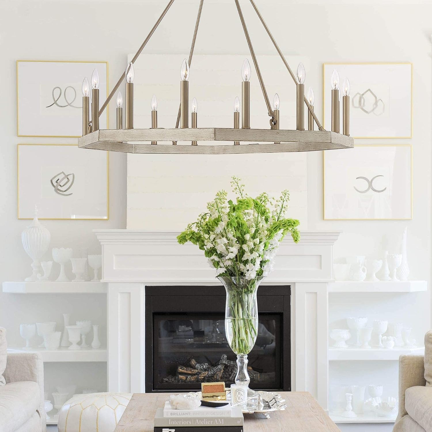 Vanity Art Farmhouse Vintage 16 Lights Wagon Wheel Chandelier Lighting | Modern Hanging Lights Candle Style Ceiling Light Fixtures for Living Room Dining Room (Driftwood/Brass Dust) 10586WO-BD