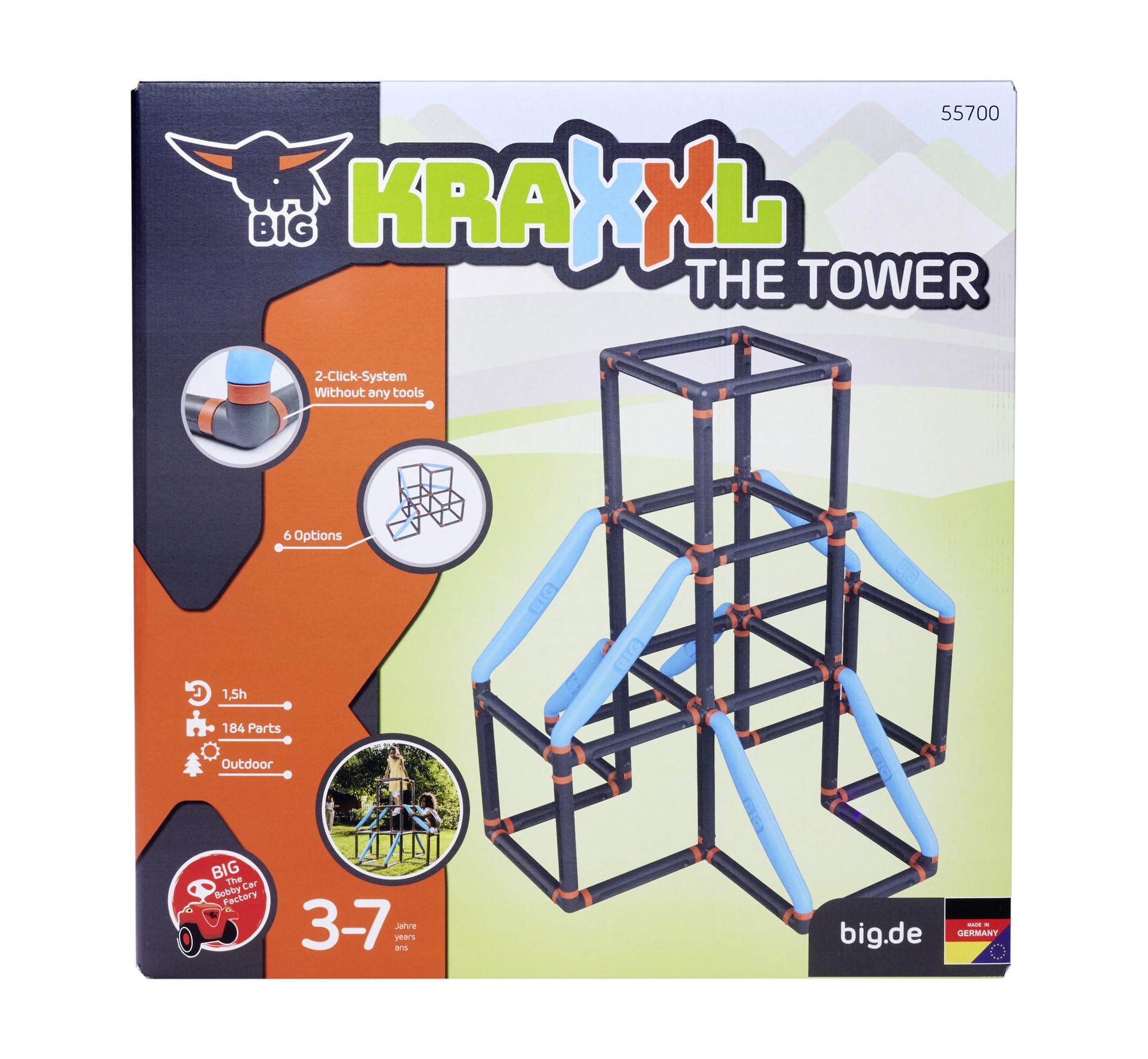 Big Kraxxl The Tower Kletterturm - Klettergerüst Outdoor für Kinder von 3-7 Jahre (max. 100 kg) - Spielturm zum Klettern auf 3 Etagen, 184 Teile mit innovativem klick-System, 140 x 140 x 140 cm