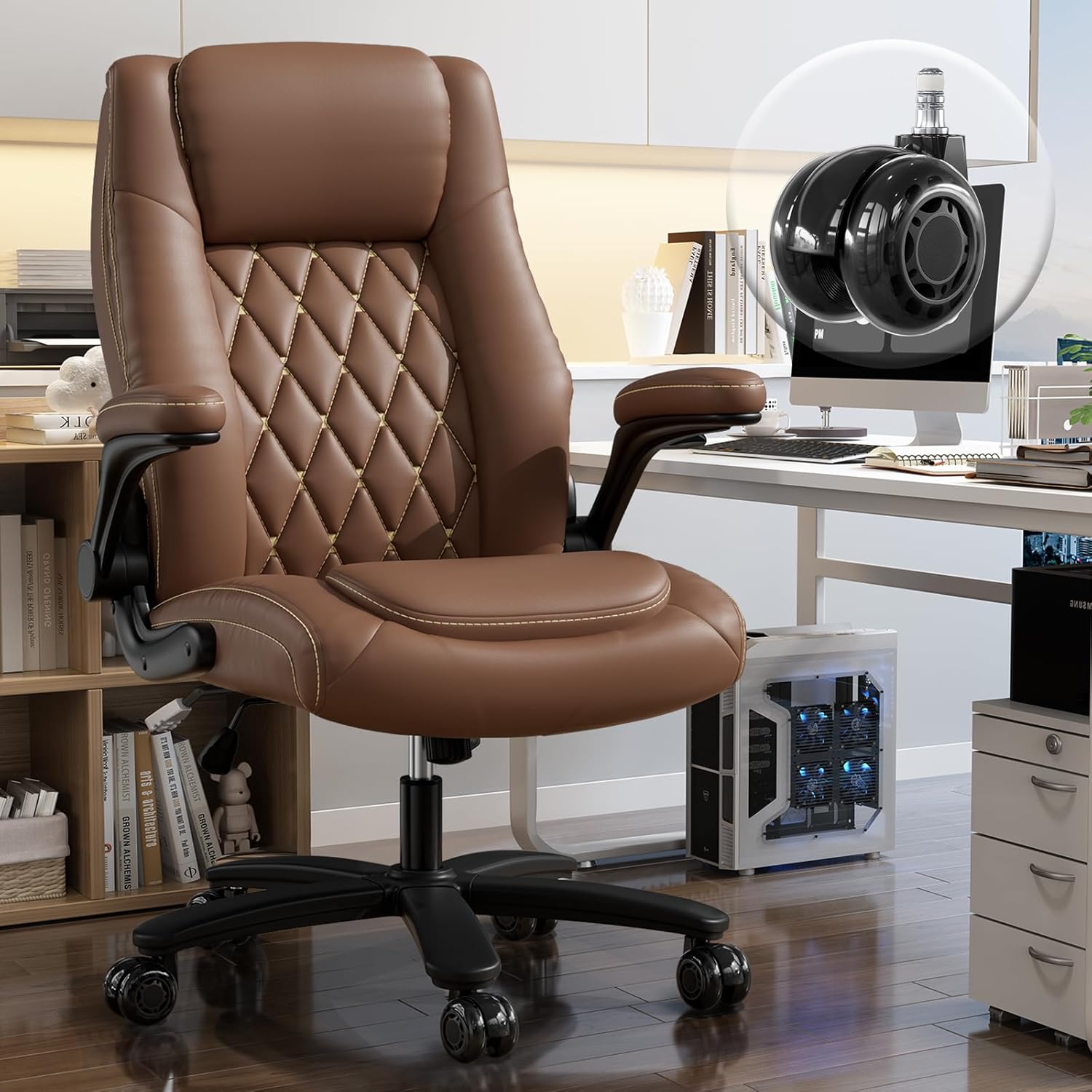 GYI Office Chair, Ergonomic Computer Desk Chair, Leather Executive Office Chair with High Back, Lumbar Support, Flip-up Arms, Wide and Thick Padded Seat, Heavy Duty Base, Rubber Wheels, Brown