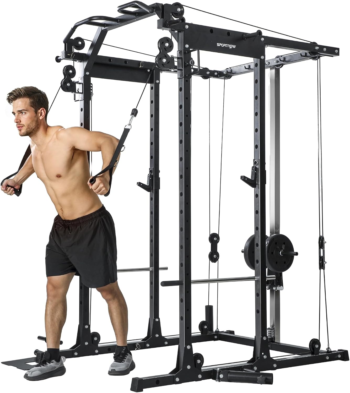 SPORTNOW black cable crossover power cage with pull-up bar and landmine