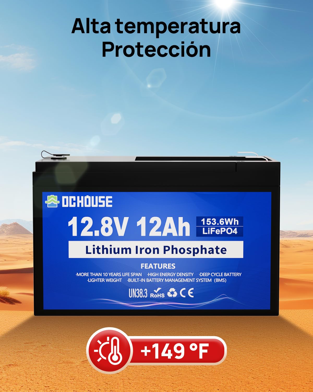 DCHOUSE 12V 12Ah LiFePO4 Batería de litio con 15A BMS, 10 años de vida útil, 10000+ ciclos, para Marina, Trolling Motor Fish Finder, Kayak, Power Wheels, UPS