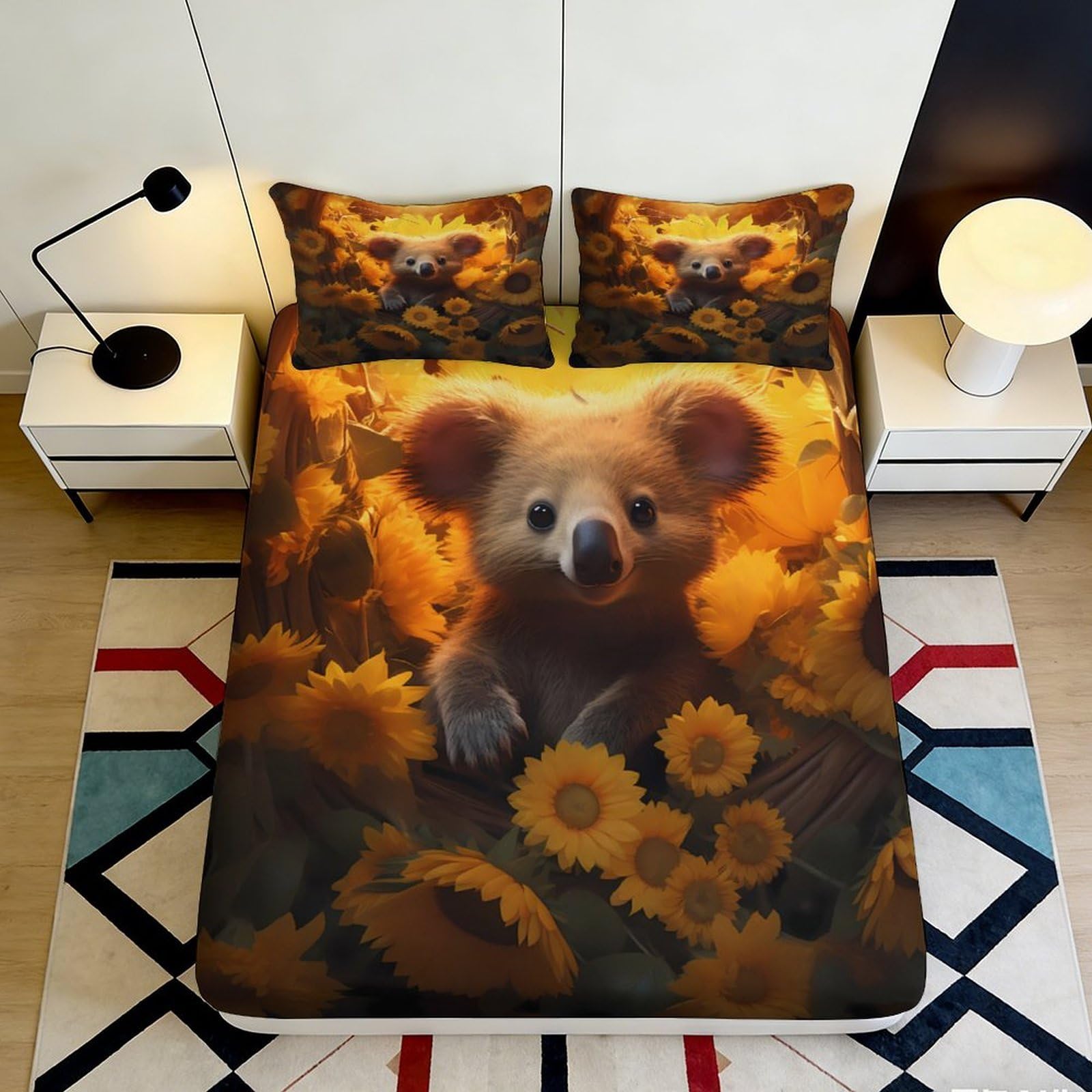3D Printed Sunflower Koala Fitted Sheet Microfiber Deep Pocket Non-Slip Sunflower Koala Mattress Fitted Cover Bedding for Adult Teen 160x200x25cm