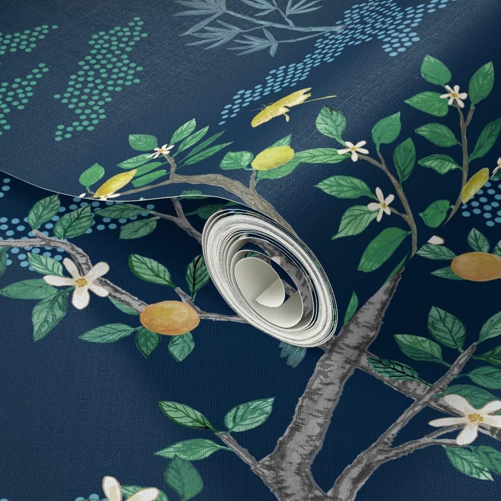 Peel & Stick Wallpaper 3ft x 2ft - Indigo Blue Chinoiserie Citrus Grove Toile Green Birds Oranges Lemons Custom Removable Wallpaper by Spoonflower