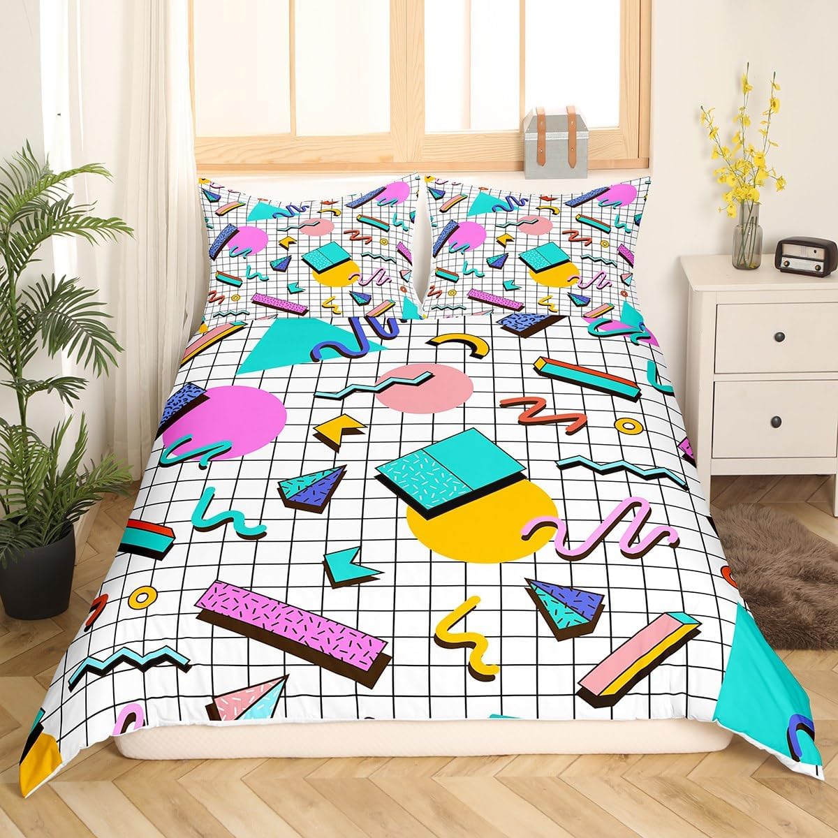 Memphis Duvet Cover Set Full Size, Retro 80s or 90s Geometric Fashion Style Comforter Cover with 2 Pillowcases, Vintage Hip Hop Bedding Set for Kids Boy Girls Lightweight Bedspread Cover,No Comforter