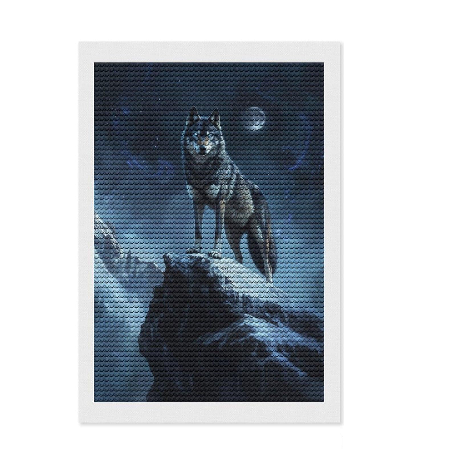 Junmoney Wolf Under Moonlight Round Drill Diamond Painting 8"x12", Christmas Gift, Boho Decor, Aesthetic Room Decor, Relaxing Handmade Project