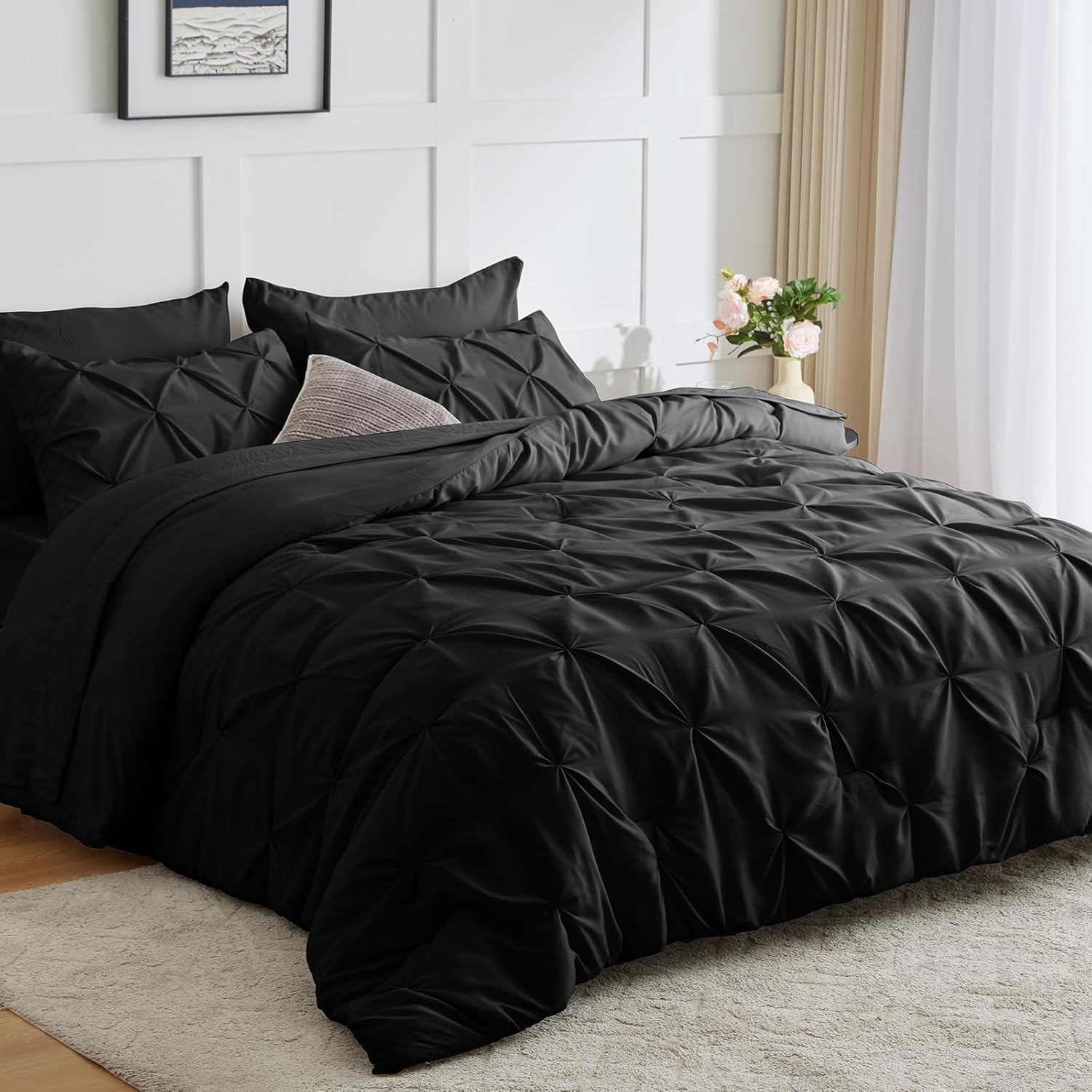CozyLux Queen Comforter Set 7 Pieces Bed in A Bag Black Premium Comforters Queen Size Bed Set Pintuck Pinch Pleat Complete Bedding Sets with Comforter