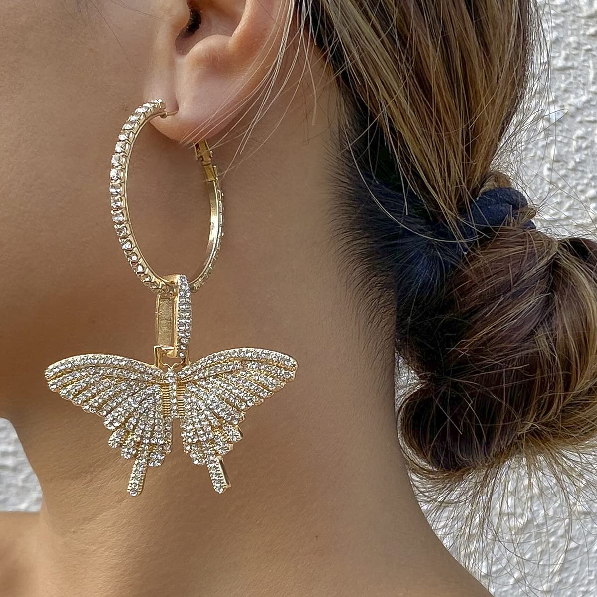 WiwparLarge Butterfly Hoop Dangle Earrings Sparkly Rhinestone Butterfly Earrings Fashion Round Circle Open Hoop Dangle Earrings for Women Girls
