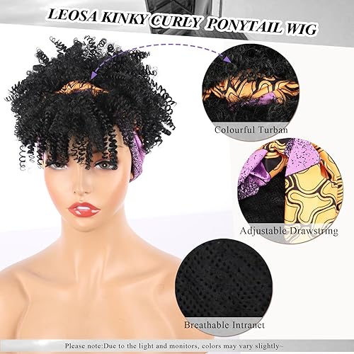 Miniatura 5 de LEOSA Peluca negra con flequillo pelucas cortas afro para mujeres negras pelucas de bufanda rizada afro peluca negra con diadema adjunta pelucas