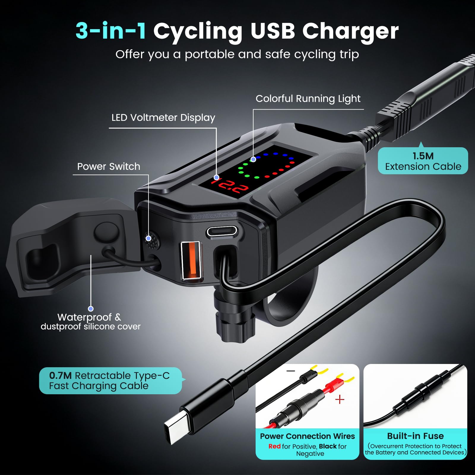 USB Moto Impermeabile con un cavo di ricarica rapida Type-C retrattile lungo 70 CM, 3 in 1 Caricabatterie da Moto per Cellulare USB con Interruttore Voltmetro LED per SUV Marine Motorcycle (2)