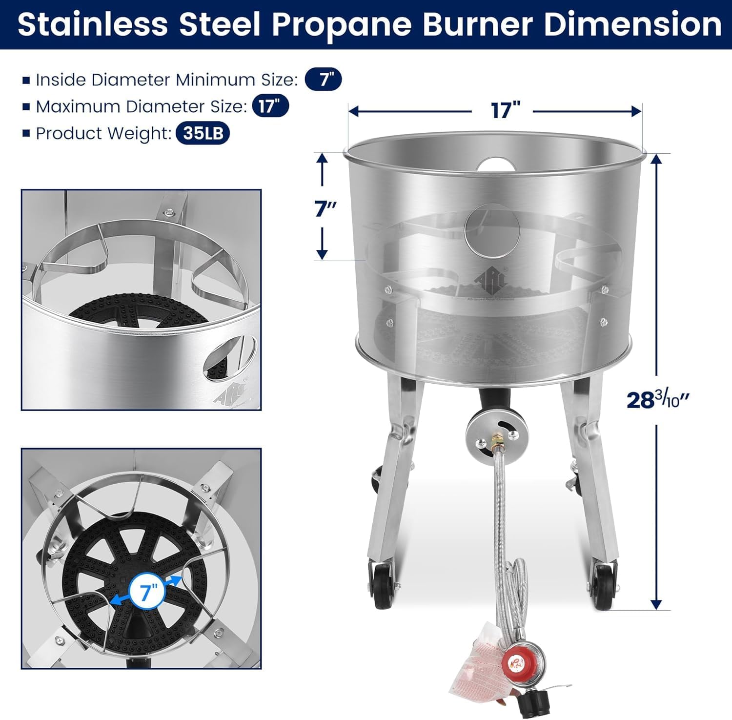ARC Stainless Steel 200,000BTU Propane Burner and 41qt Outdoor Wok Set with Wheeled Legs, 21 Inches Heavy Duty Mexican Cazo Para Carnitas With 11.8" Fry Strainer Basket, Great for Carnitas Braising