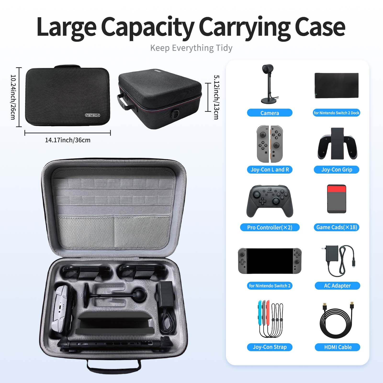 AriKroii Custodia da trasporto compatibile con Nintendo Switch 2, con 18 cartucce di giochi e custodia da viaggio per fotocamera per Switch 2 e Switch 2, con manici e spallacci