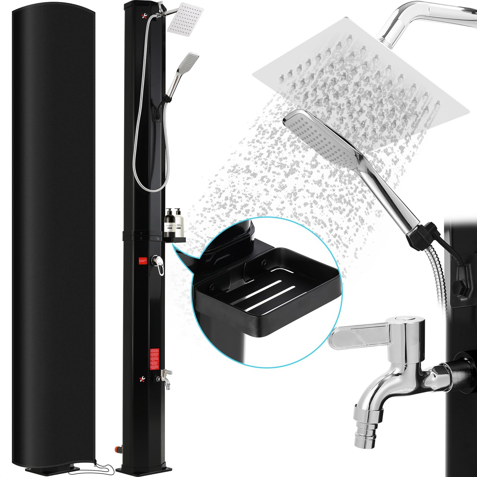 LIFERUN Douche Solaire 60L, Douche de Jardin Solaire, avec Pommeau de Douche, Douchette, Robinet et Housse de Protection, Eau Chaude jusqu'à 60 °C, sans Raccordement Électrique, pour Piscine Plage