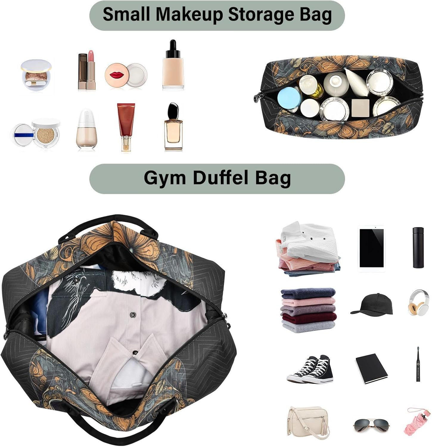 Large Travel Duffel Bag, Skull and Daisy Sports Tote Gym Bag, Shoulder Weekender Overnight Bag for Women Men, Carry On Luggage with Toiletry Bags