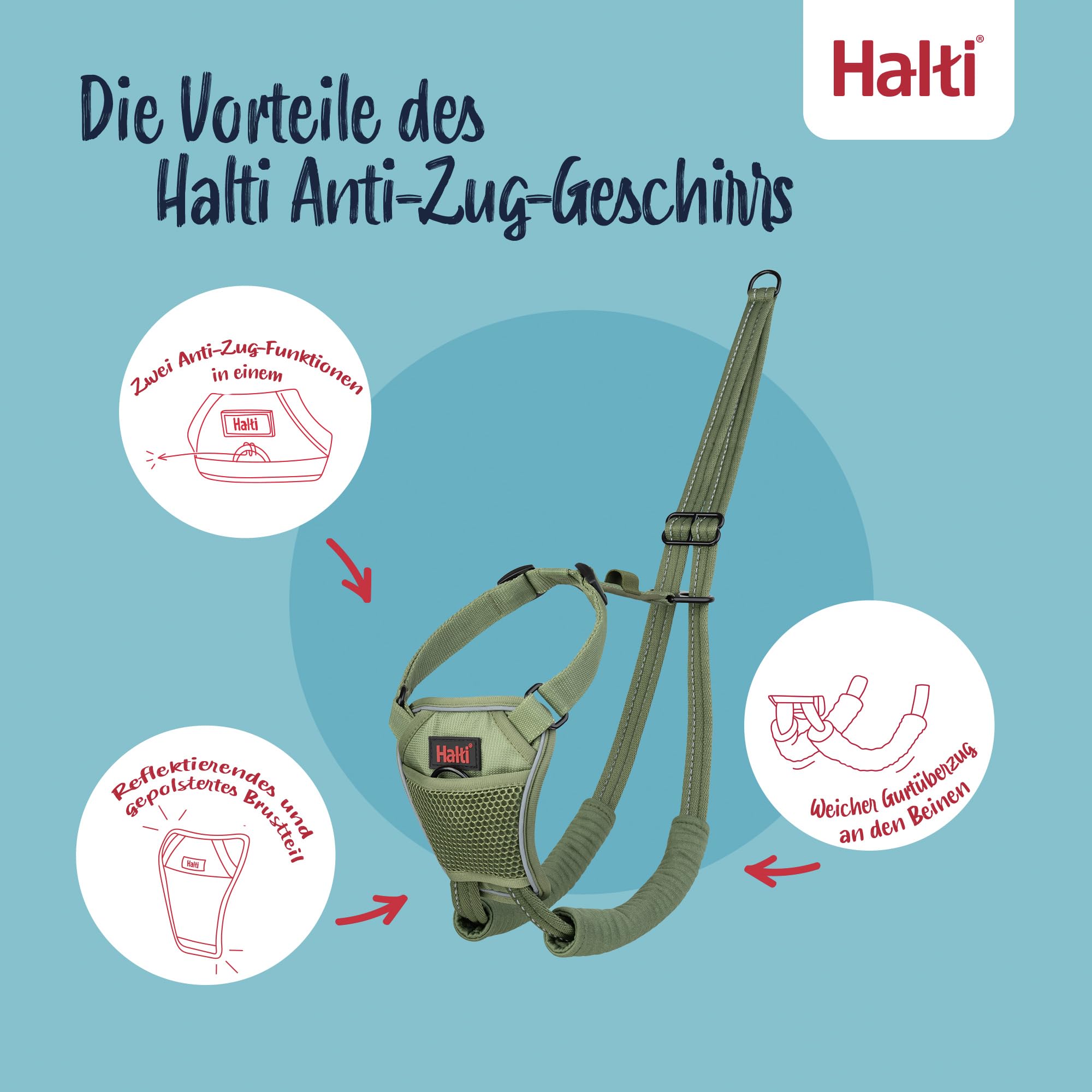 HALTI No Pull Anti-Zug Geschirr - Verhindert, DASS Ihr Hund an der Leine zieht, Gepolsterter Brust- und Beingurt, Reflektierendes Gurtmaterial, Einfache Anpassung und Benutzung (Größe M, Waldgrün) - 4