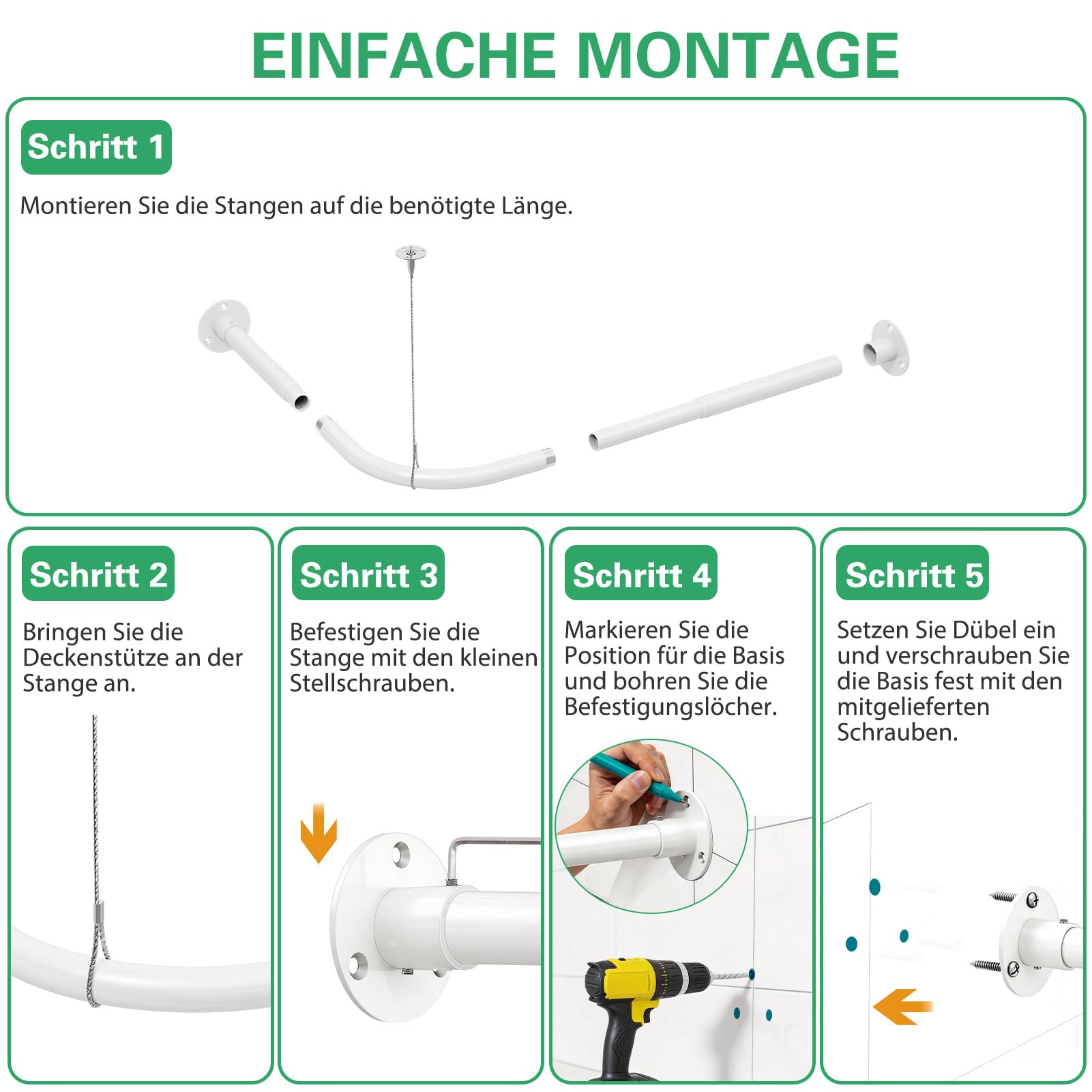 Duschvorhangstange L Form, (60-93cm) × (60-93cm) Verstellbare Weiß Duschstange L Form, Duschstange Ecke mit 12 Ringen & Deckenstütze für Badezimmer, Bohren Erforderlich