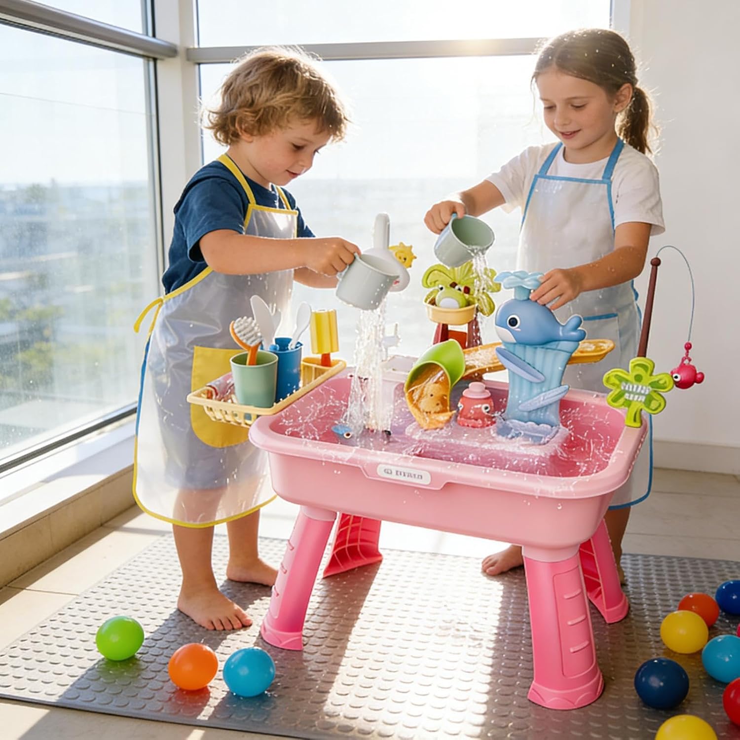 Water Table for Children, Sand and Water Table Toy Set, Funny Waters Play Tables Play Sink with Running Waters & Pump, Removable Legs Kids W-ater Tables Sensory Toy Set, for Boys Girls Outdoor Pool