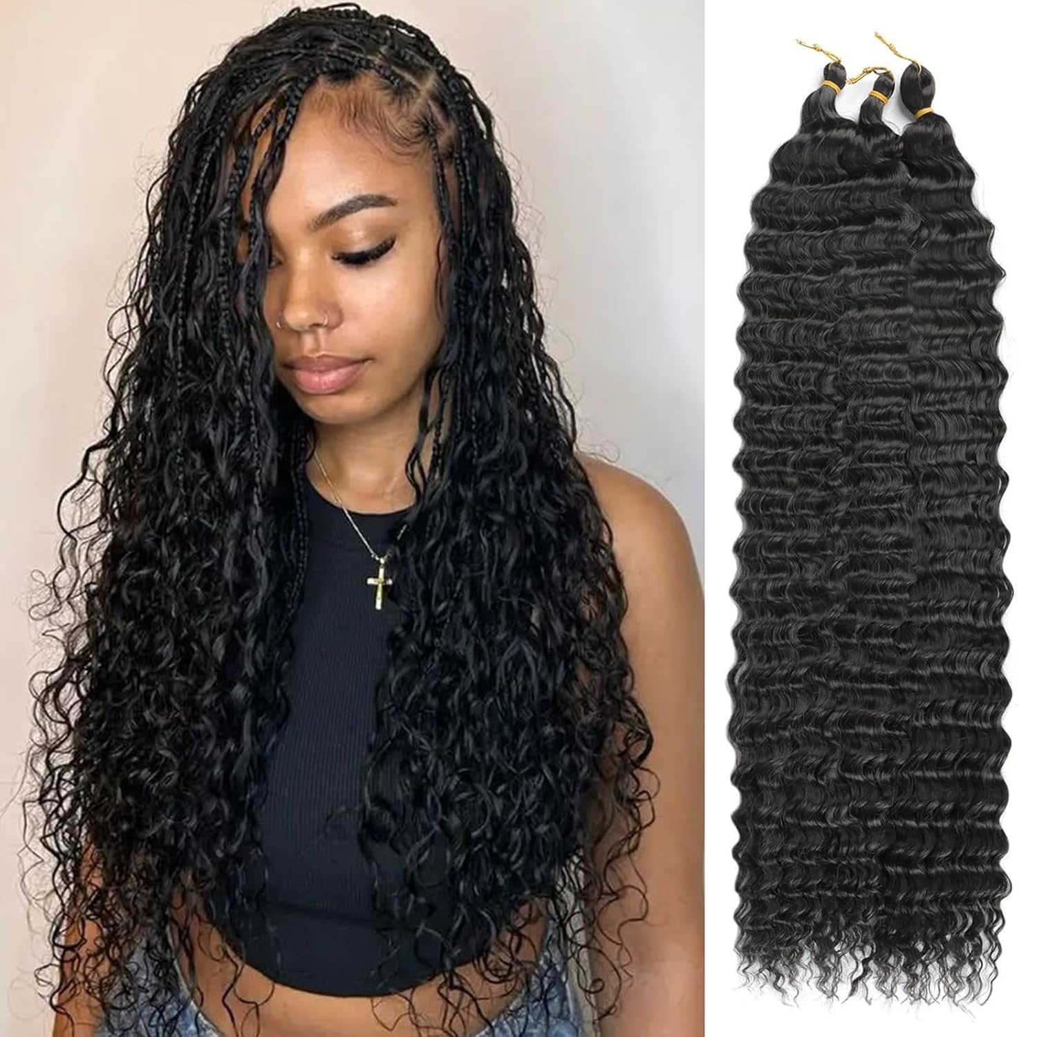 Ocean Wave Crochet Hair 18 inch Deep Wave Curly Crochet Hair 3 Pack Deep Curly Braiding Hair Extensions Long Braids Deep wave Synthetic hair for Black Women
