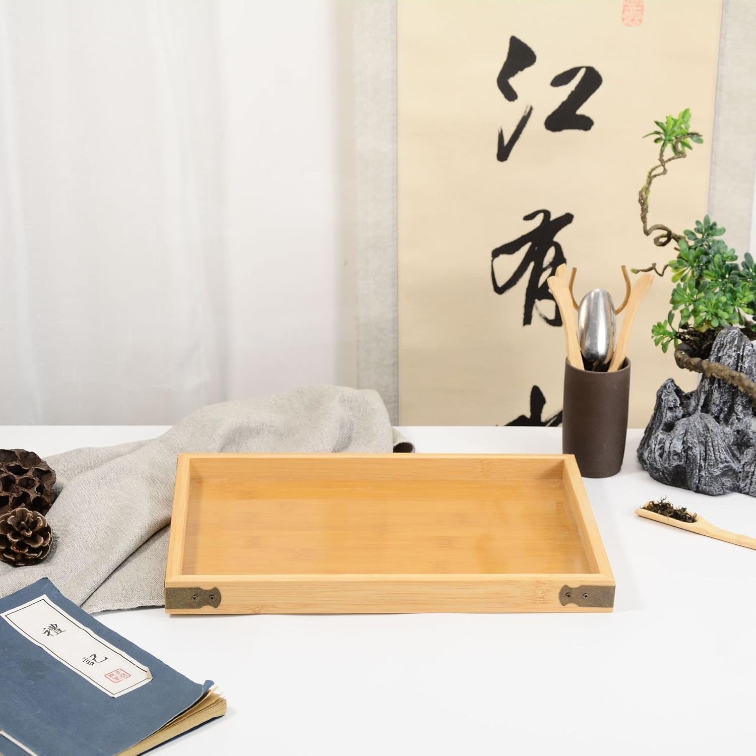 Chinese Style Household Tray Tea Tray Dim Sum Wood Tray Rectangular Wooden Saucer Fruit Plate Tableware (D Rectangular)