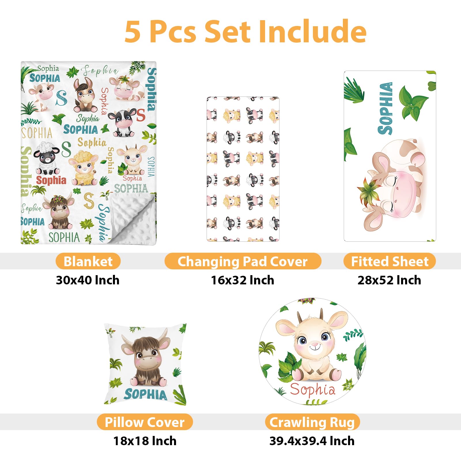 Individuelles Baby-Bettwäsche-Set – 5-teiliges Kinderzimmer-Bettwäsche-Set mit Waldtier-Design, personalisierte Namensdecke mit gepunkteter Rückseite, Kinderbettlaken, Wickelunterlage, Kissenbezug,