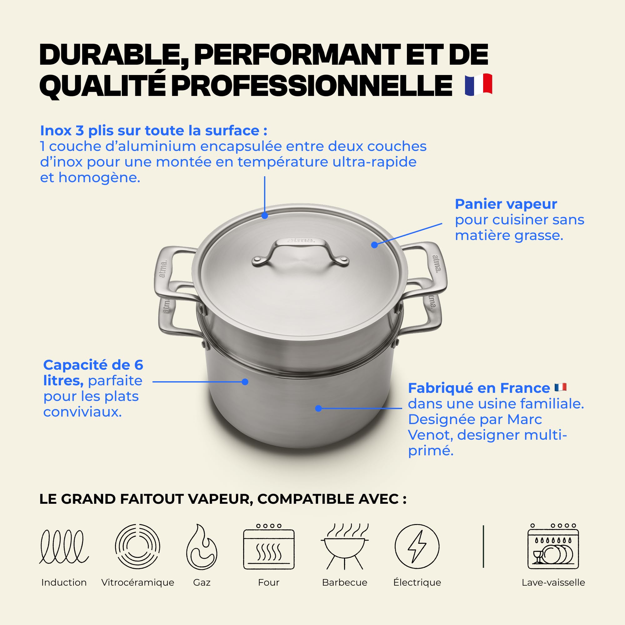 Atma – Faitout Inox 3 Plis 24 cm (6 L) avec Panier Vapeur – Cuisson Homogène – Sans PFAS, PFOA, PTFE – Tous Feux dont Induction & Four – Fabriqué en France – Garantie à Vie