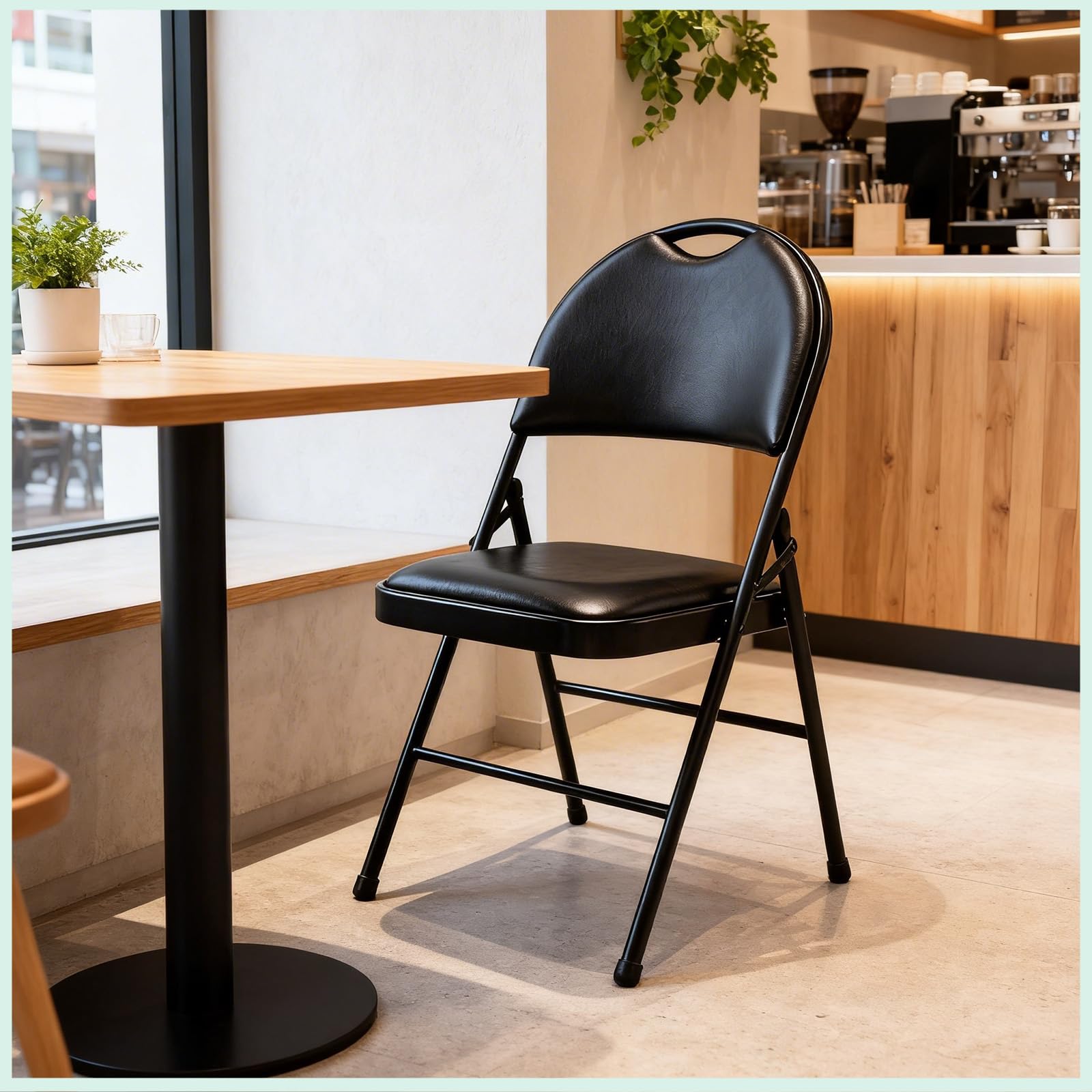 Chaise Pliante en Cuir PU Rembourrée avec Poignée, Siège Portable avec Coussin Épais et Cadre en Métal Solide, Confortable pour Maison, Bureau, Fêtes (4, Noir)
