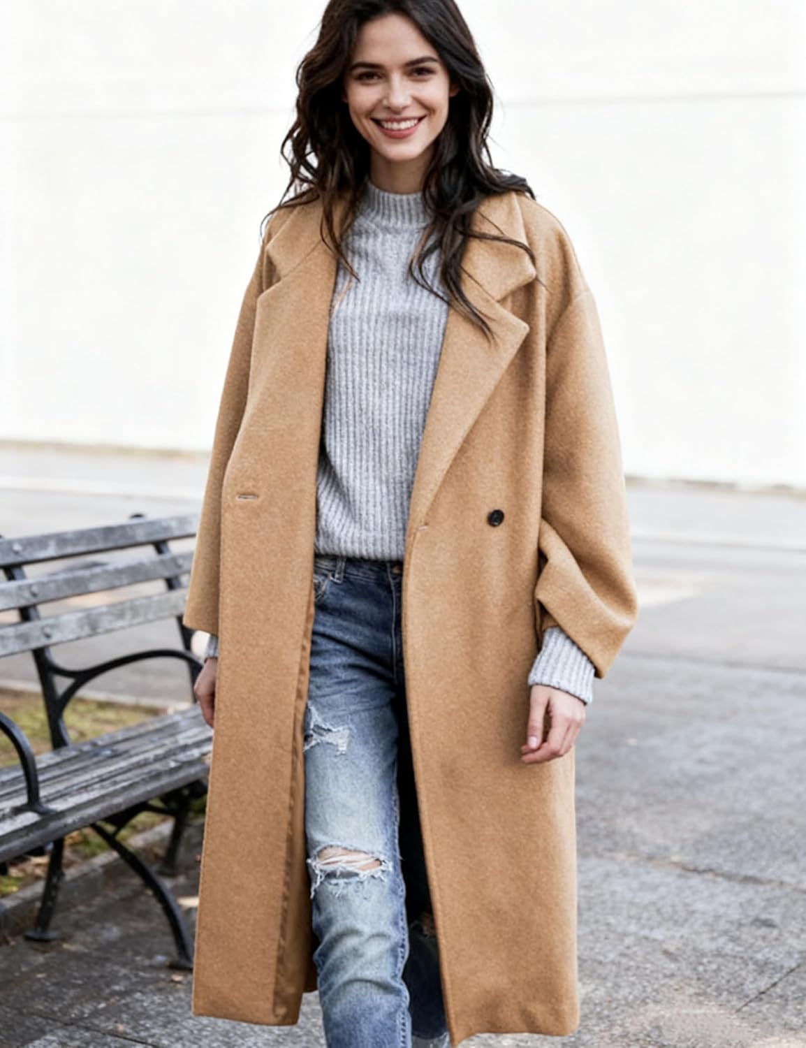 UANEO Women's Wool Blend Coat Oversized Double Breasted Long Trench Overcoat Winter - Image 2