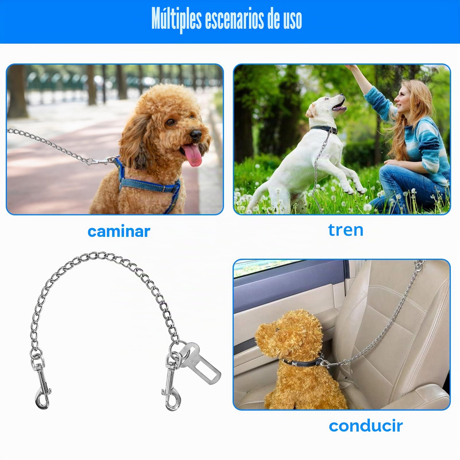 Collar de perro de acero inoxidable resistente a mordeduras: 80 cm, cinturón corto para asiento trasero de coche, correas de seguridad para perros pequeños, medianos y grandes