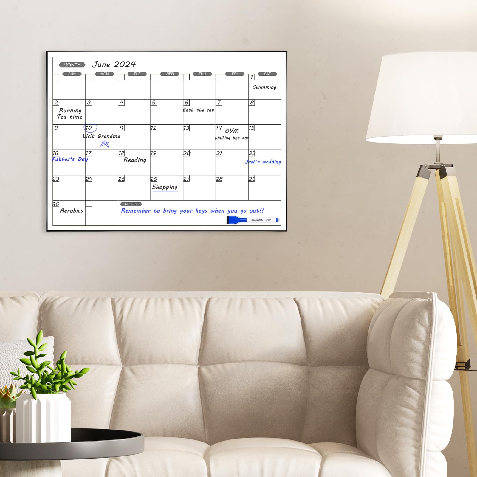 ARCOBIS Lavagna bianca con calendario mensile, 61 x 45,7 cm, calendario magnetico cancellabile a secco, con cornice nera, da appendere alla parete, per casa, ufficio, scuola