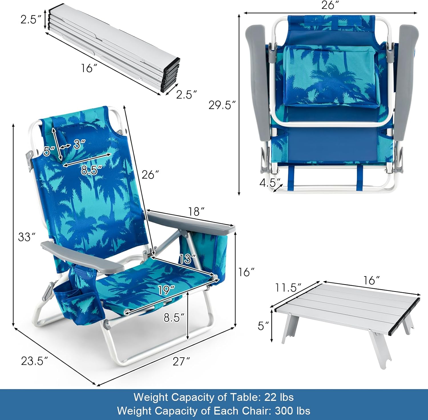 GYMAX Beach Chairs, Backpack Camping Chair with Armrest, Cooler Bag, Cup Holder, Towel Bar & Side Pockets, Sunbath Sling Tanning Lounge, Folding Layout Chair (with Table, Coconut Tree)
