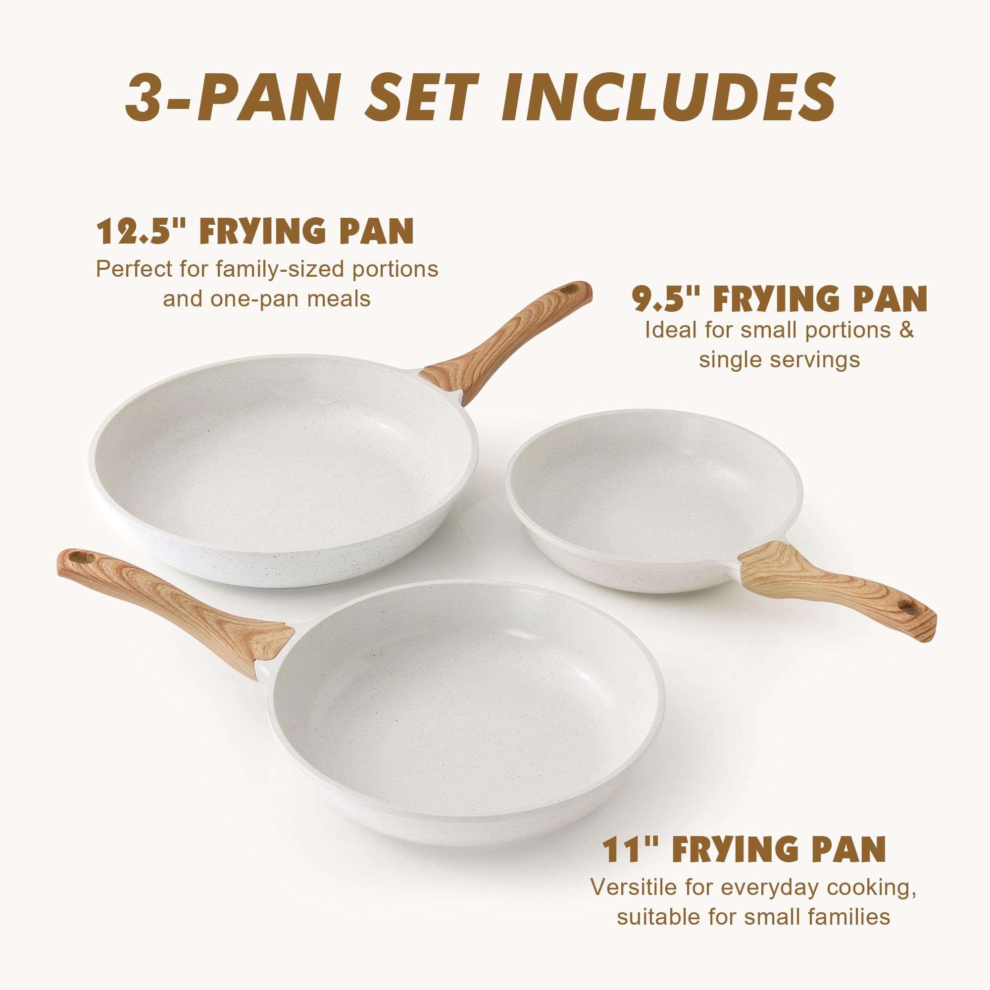 SENSARTE Poêle à frire antiadhésive, revêtement en céramique blanche, poêle de chef saine, sans PTFE et PFAS (24,1 cm + 28 + 31 cm)