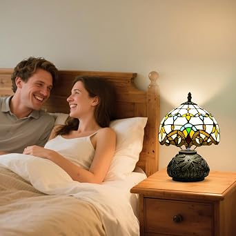 Small Tiffany Lamp,Stained Glass Table Lamp for Living Room,Bedside,Reading,8 Inch Vintage Mini Mushroom Desk Light Included 3 Color Temperatures E27 Bulb (Beige Baroque) [Energy Class F]