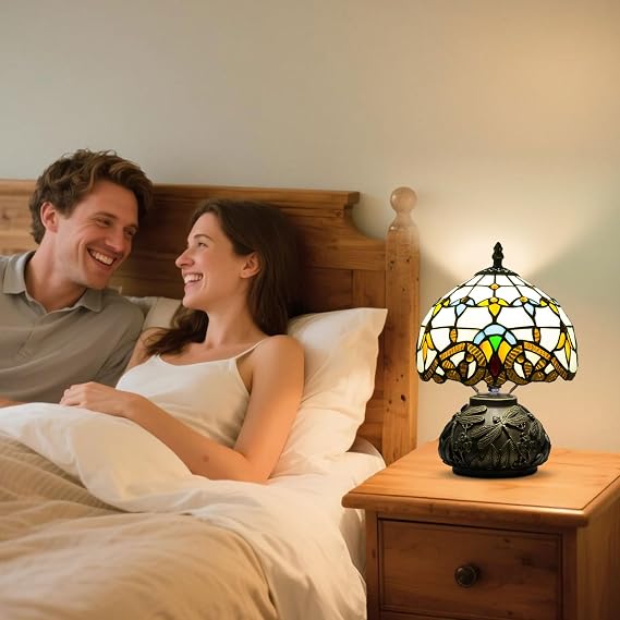 Small Tiffany Lamp,Stained Glass Table Lamp for Living Room,Bedside,Reading,8 Inch Vintage Mini Mushroom Desk Light Included 3 Color Temperatures E27 Bulb (Beige Baroque) [Energy Class F]