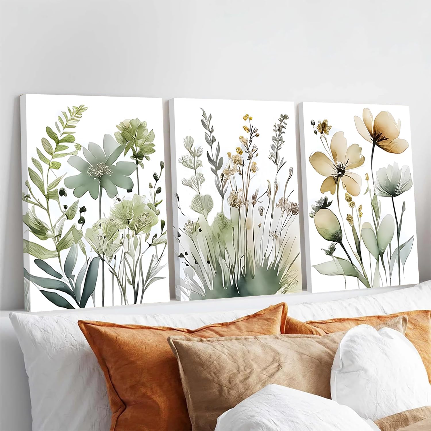 Framed Sage Green Botanical Canvas Wall Art Set of 3 Boho Floral Wall Decor Paintings Minimalist Flower Posters Prints Pictures for Bedroom Bathroom Living Room Home Decor 16x24 Inch