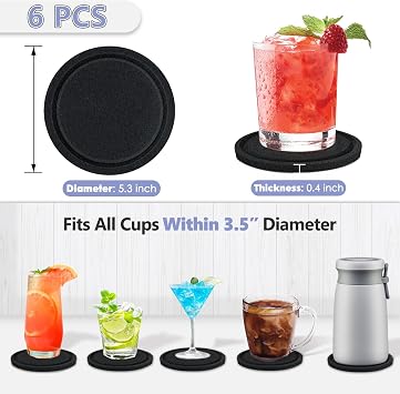 BXI 5.3 Inch Large Felt Coasters for Drinks, 6 Pcs 0.4 Thick Black Absorbent Cup Mats, Soft Silent Table Insulation Mug Placemats, Non-Stick Housewarming Gift Pads Coffee Trivets for Desk Bar